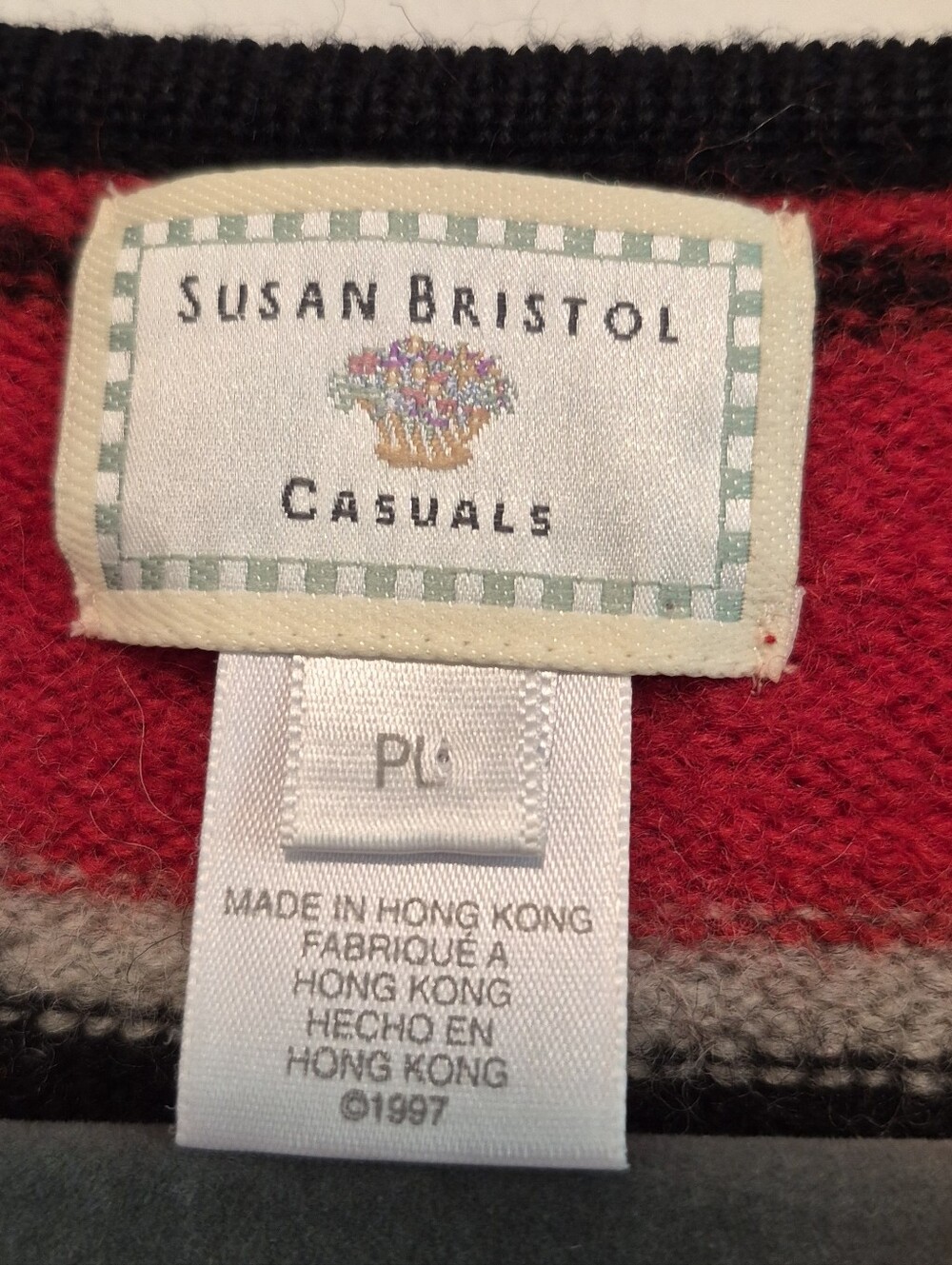 Vtg Susan Bristol Wool Cardigan Sweater Red/Black Striped 90's Sz L Petite - Picture 9 of 10